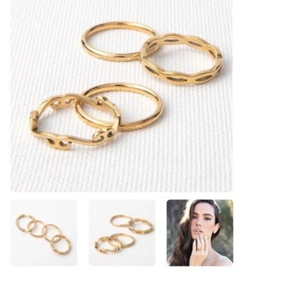PLUNDER Design Alexandria Justice Ring Set 4 st steel stackable gold rings SZ 9
